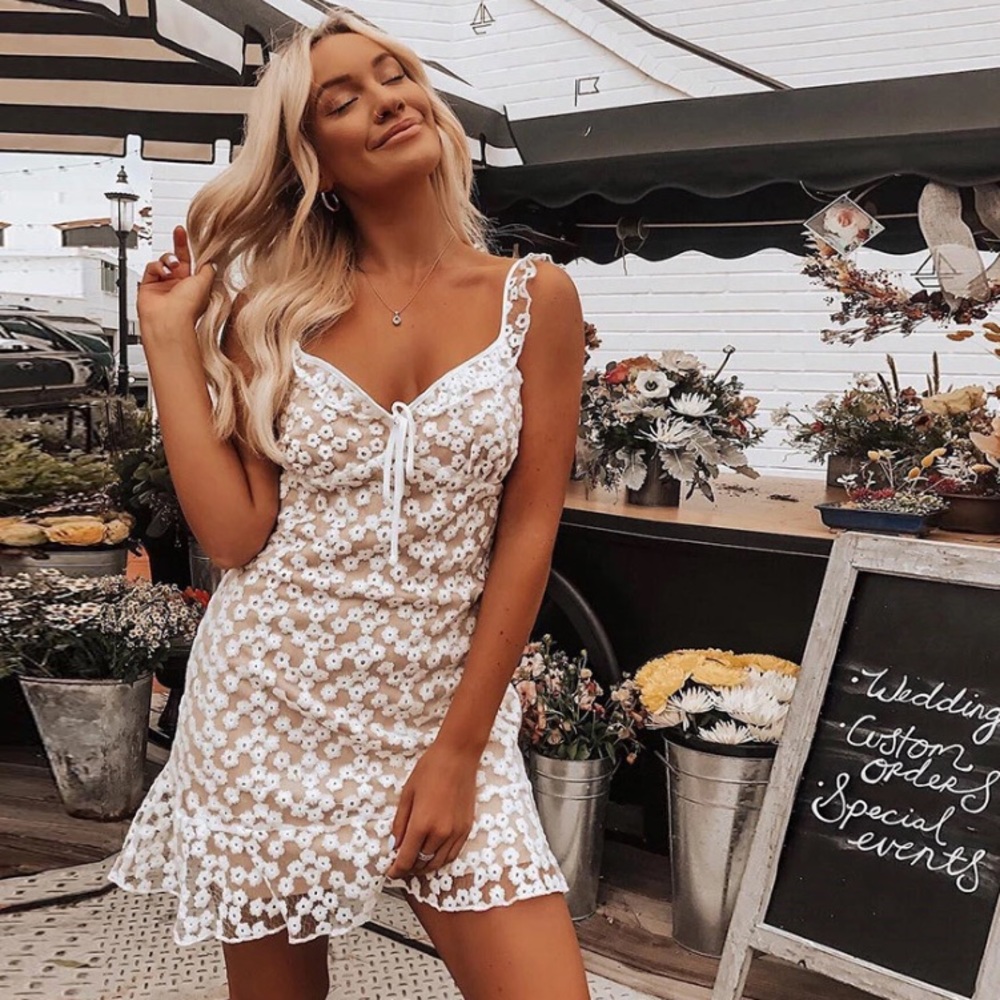 🦋 Floral White Eyelet Lace Ruffle Mini Dress